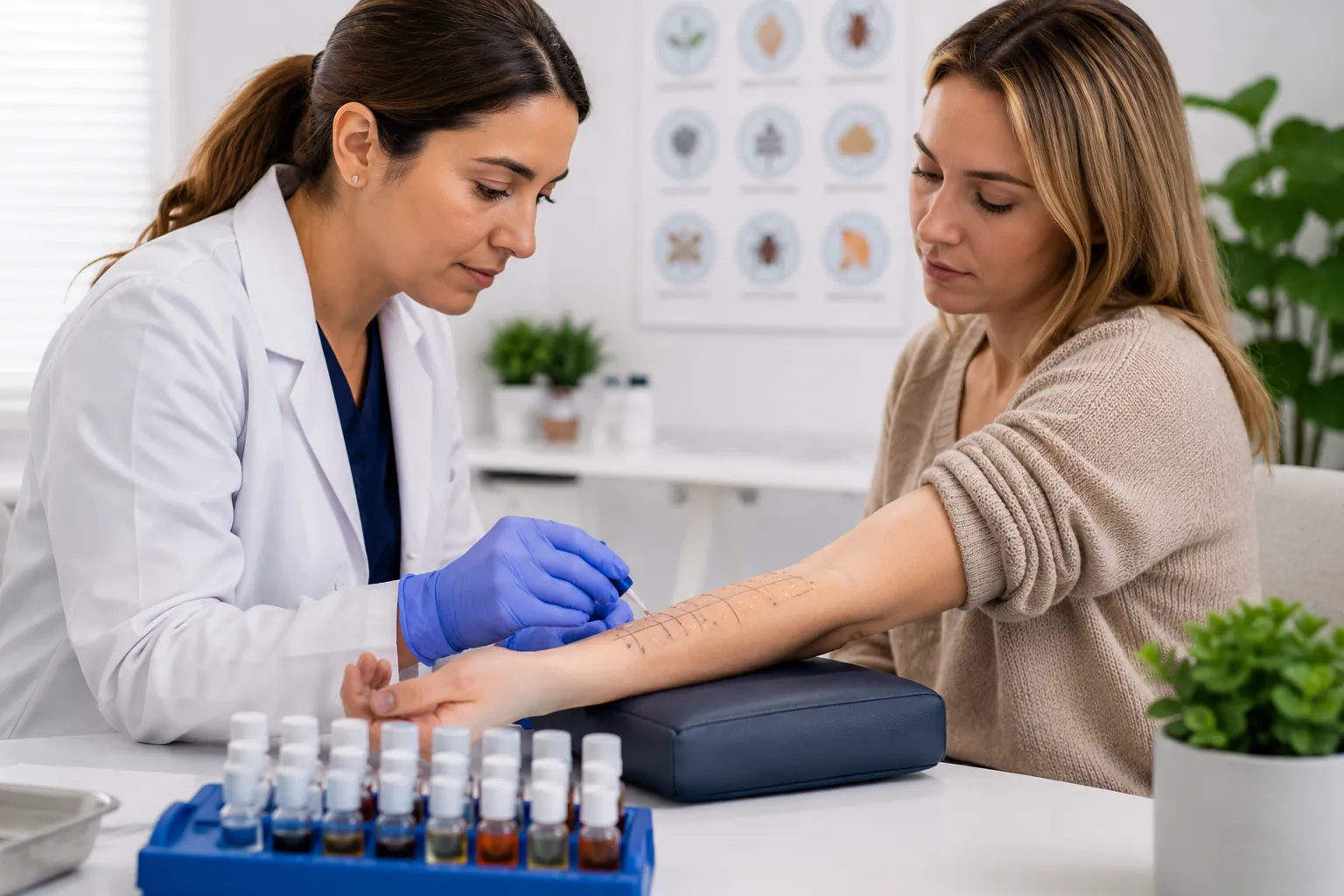 Skin prick allergy test being performed on adult patient forearm in Los Angeles