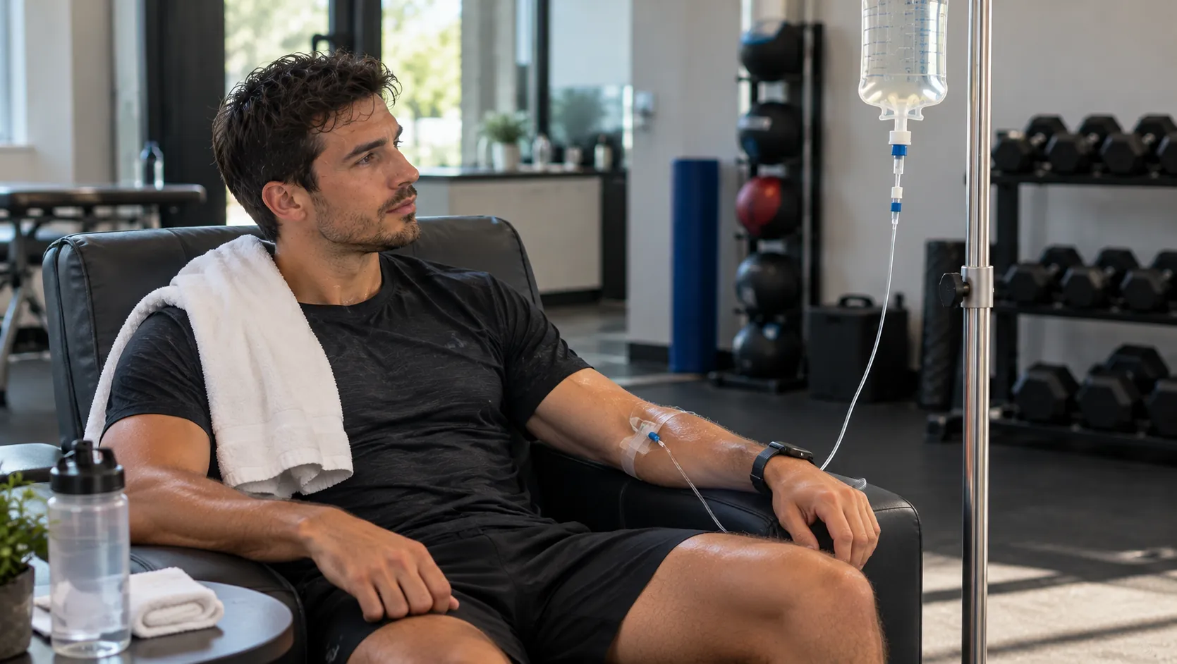 Athlete resting in a gym recovery area while receiving IV fluids after a workout, with a towel over his shoulder and fitness equipment in the background.