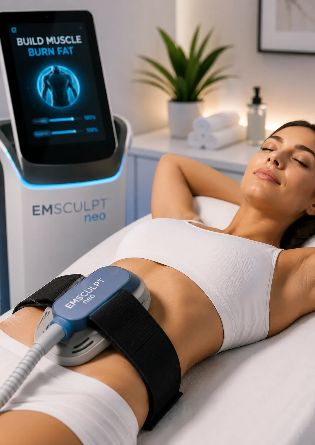 Woman receiving a non-surgical body contouring treatment in a modern medical spa.