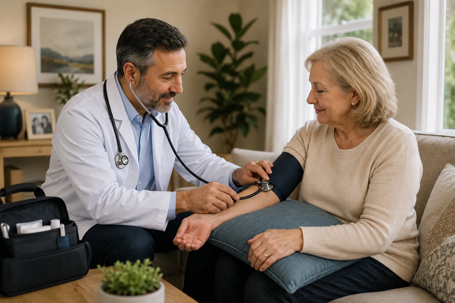 Physician conducting doctor house call examination in patient's home