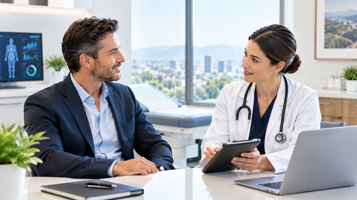 Physician conducting executive health evaluation for busy professional