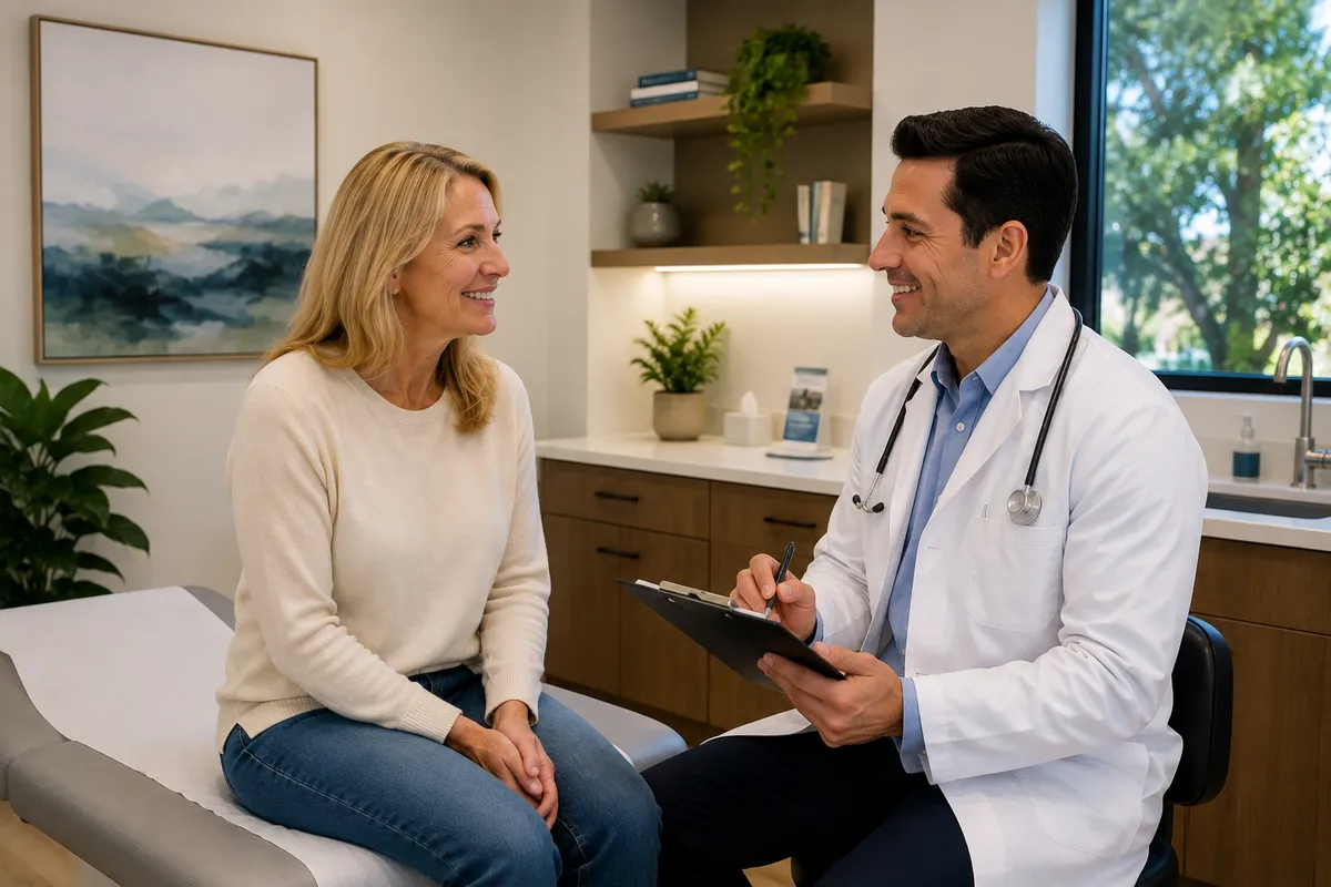 Doctor discussing preventive care and vaccination with a patient in a modern medical examination room.