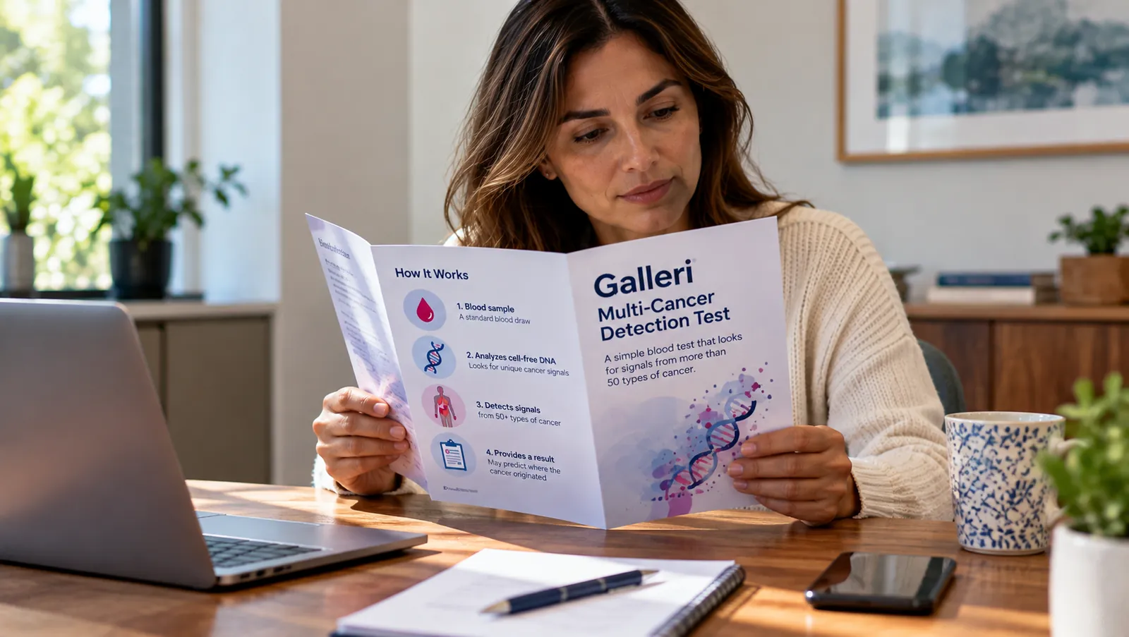 Woman reading a brochure about the Galleri multi-cancer detection test at a desk with a laptop, notebook, and coffee mug.