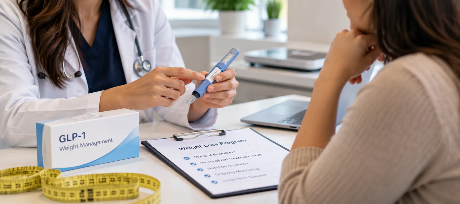 Physician explaining a GLP-1 weight loss program and injection pen to a patient during a medical consultation