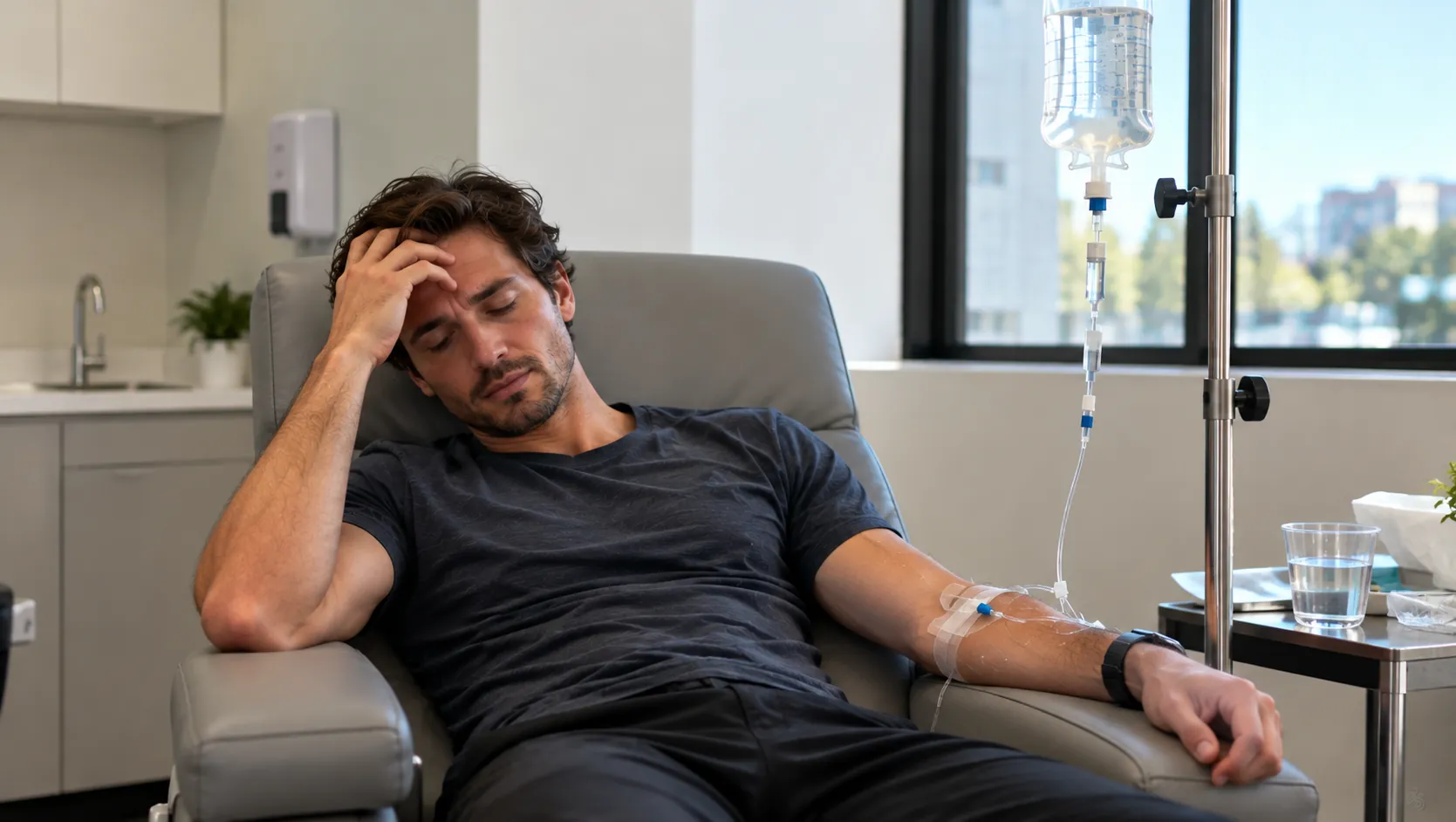 Man resting in a medical chair with his hand on his forehead while receiving IV fluids, illustrating hangover IV therapy for dehydration.