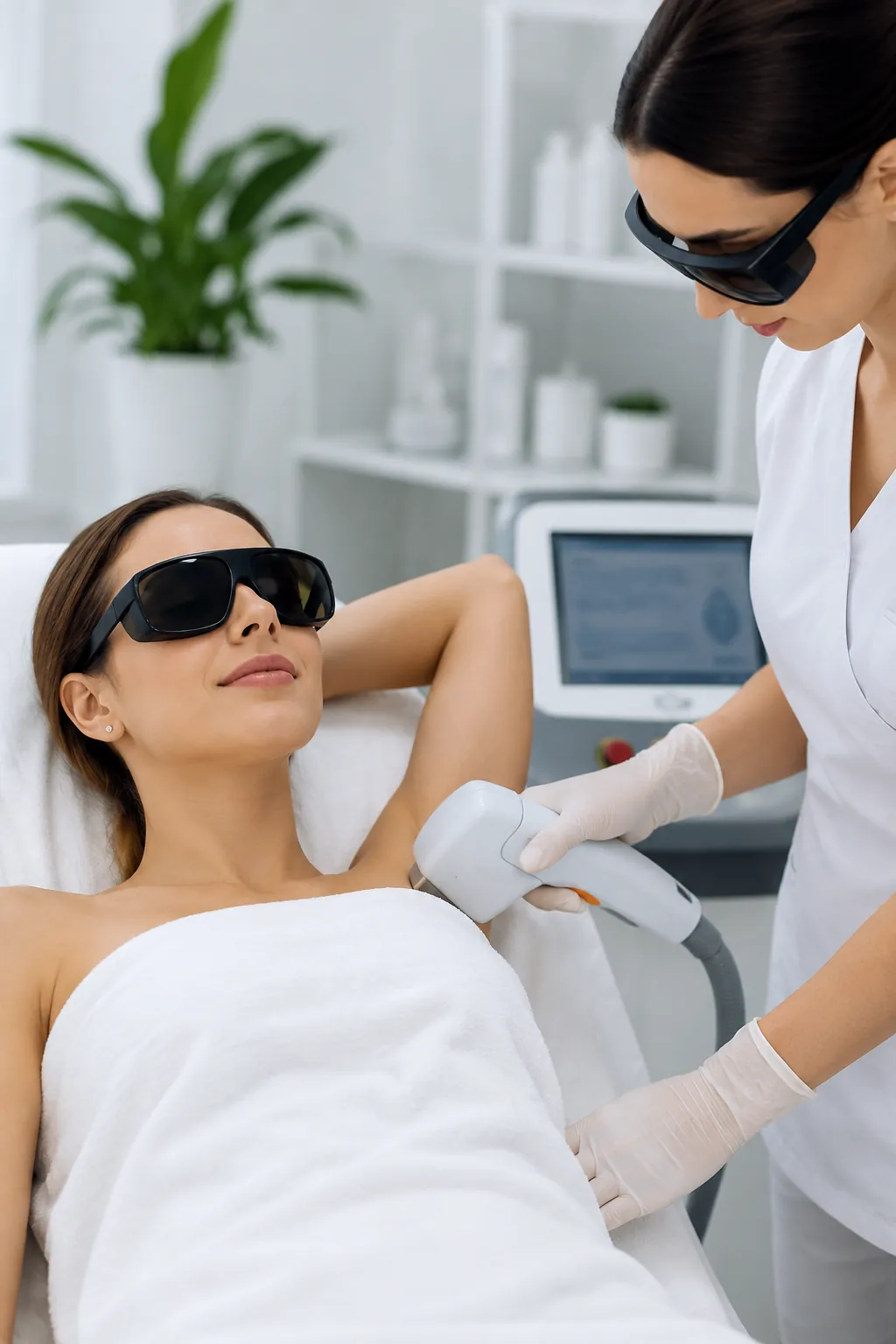 Woman receiving underarm laser hair removal treatment at a modern medical spa in Glendale, CA.