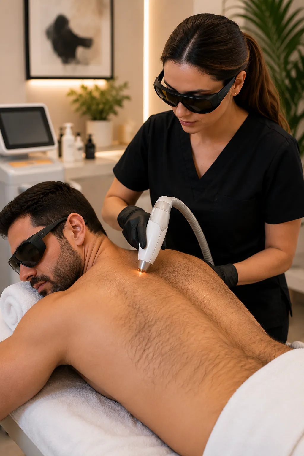 Male patient receiving professional back laser hair removal treatment from a licensed aesthetician.