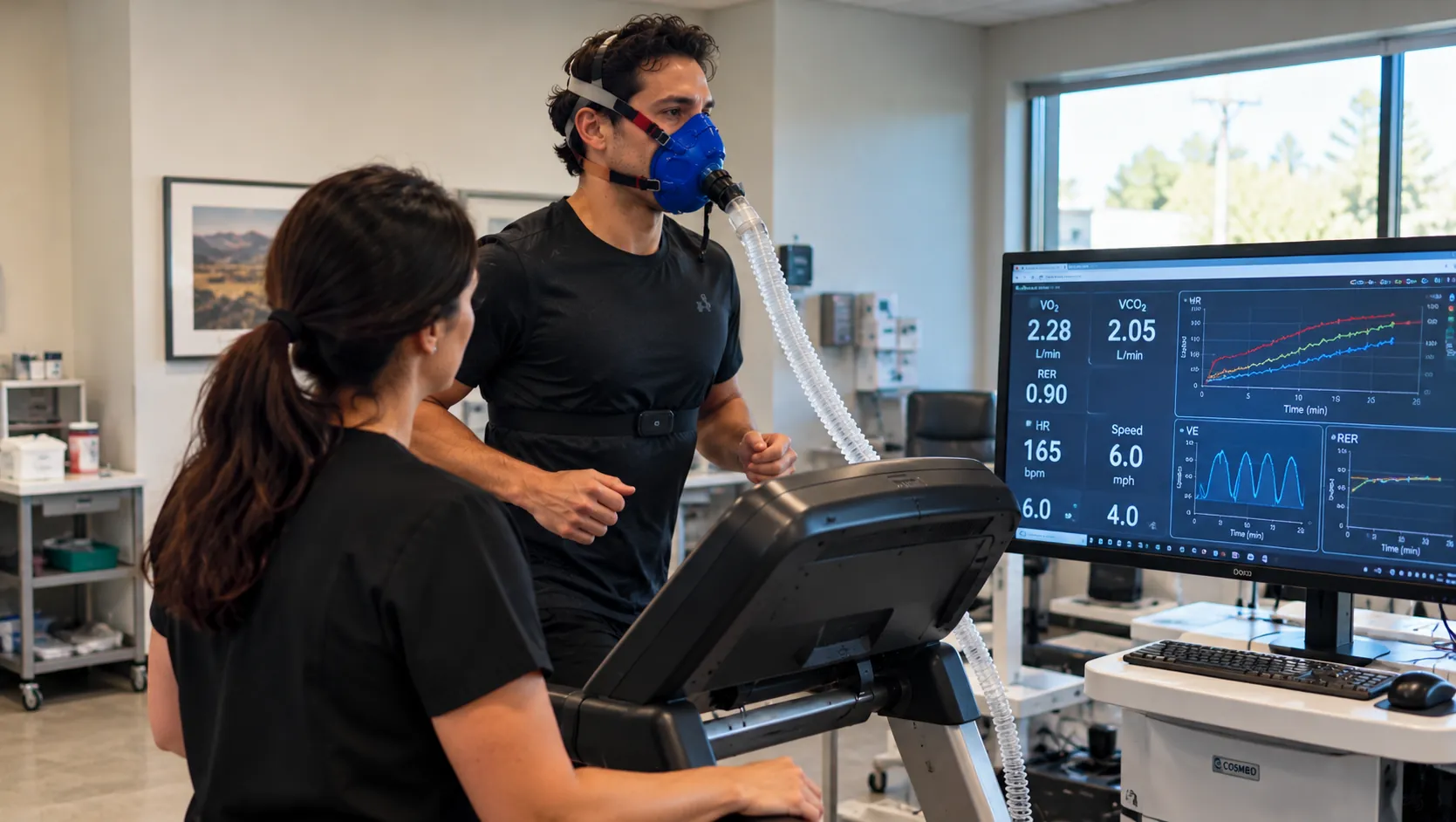 Man undergoing VO2 max metabolic testing on a treadmill