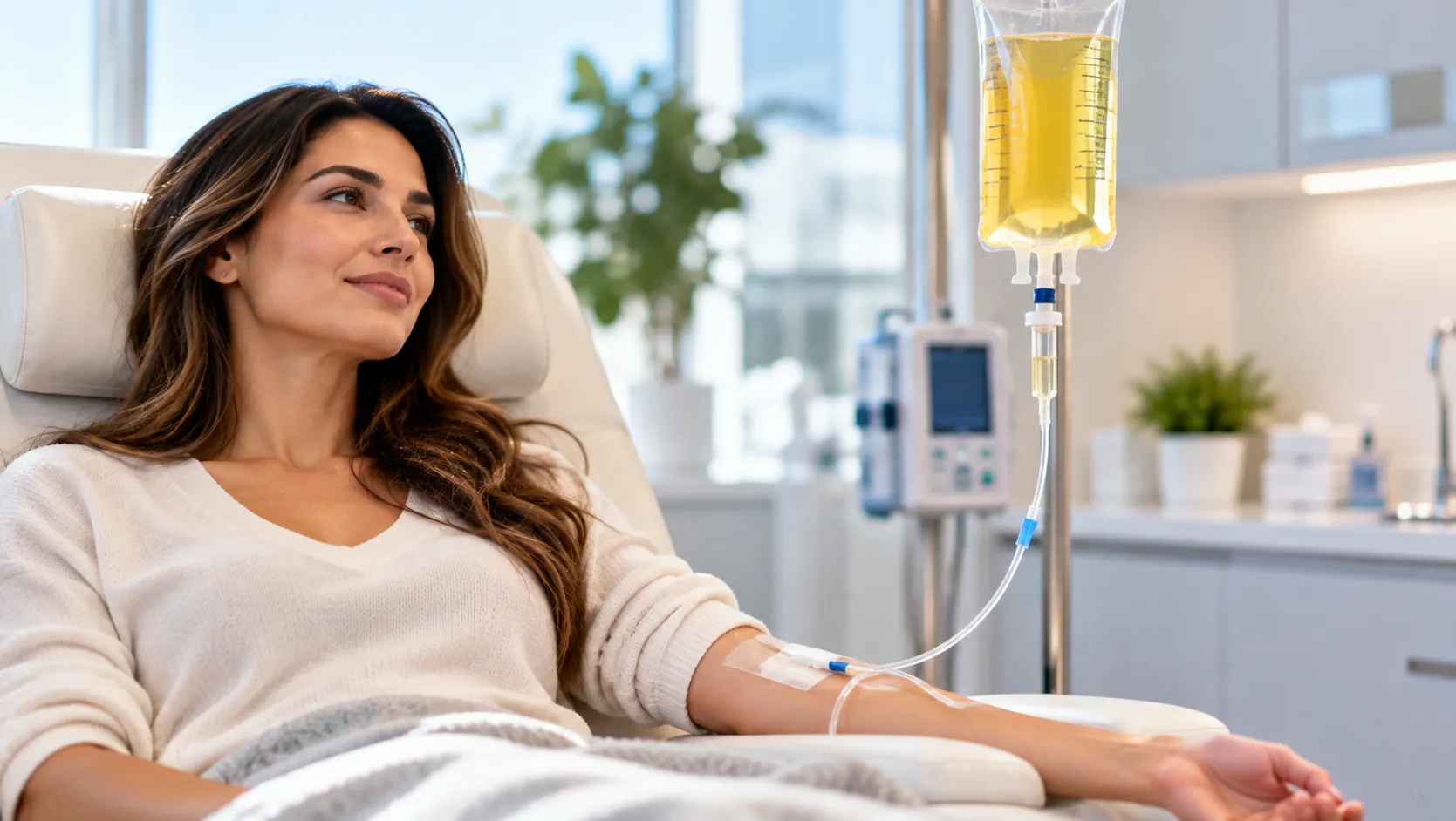 Myers' Cocktail IV vitamin infusion in a clinical wellness setting, showing a patient receiving an intravenous drip in a treatment chair.