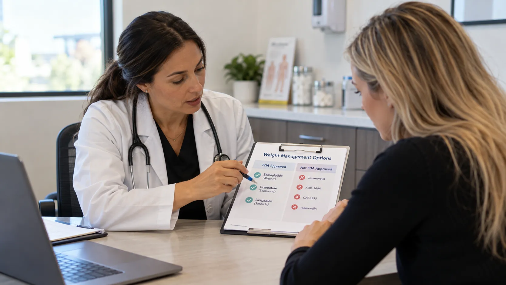 Doctor discussing FDA-approved and non-approved peptide treatments for weight loss with a patient during a medical consultation.