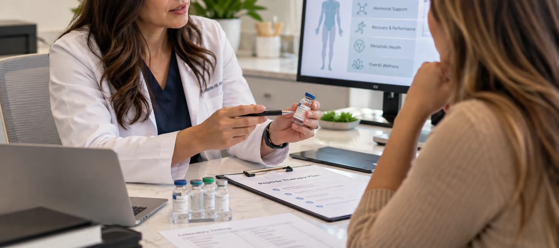 Physician discussing peptide therapy and medical supervision with a patient during a clinic consultation