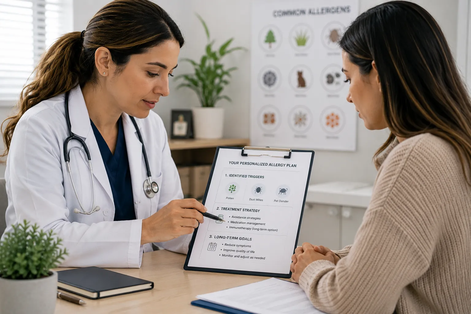 Physician building a personalized allergy treatment plan with adult patient