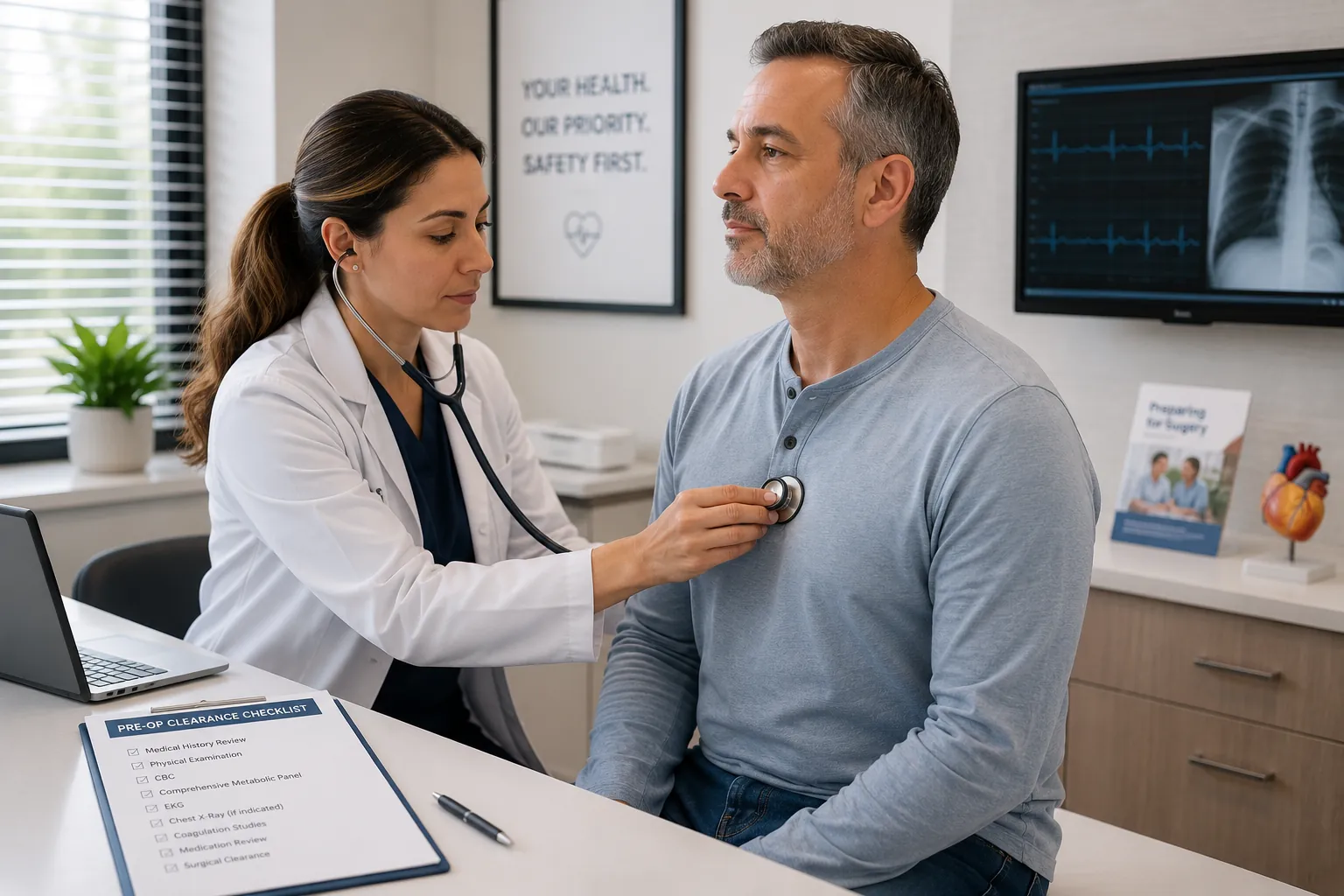 Physician performing pre-op medical clearance exam before surgery