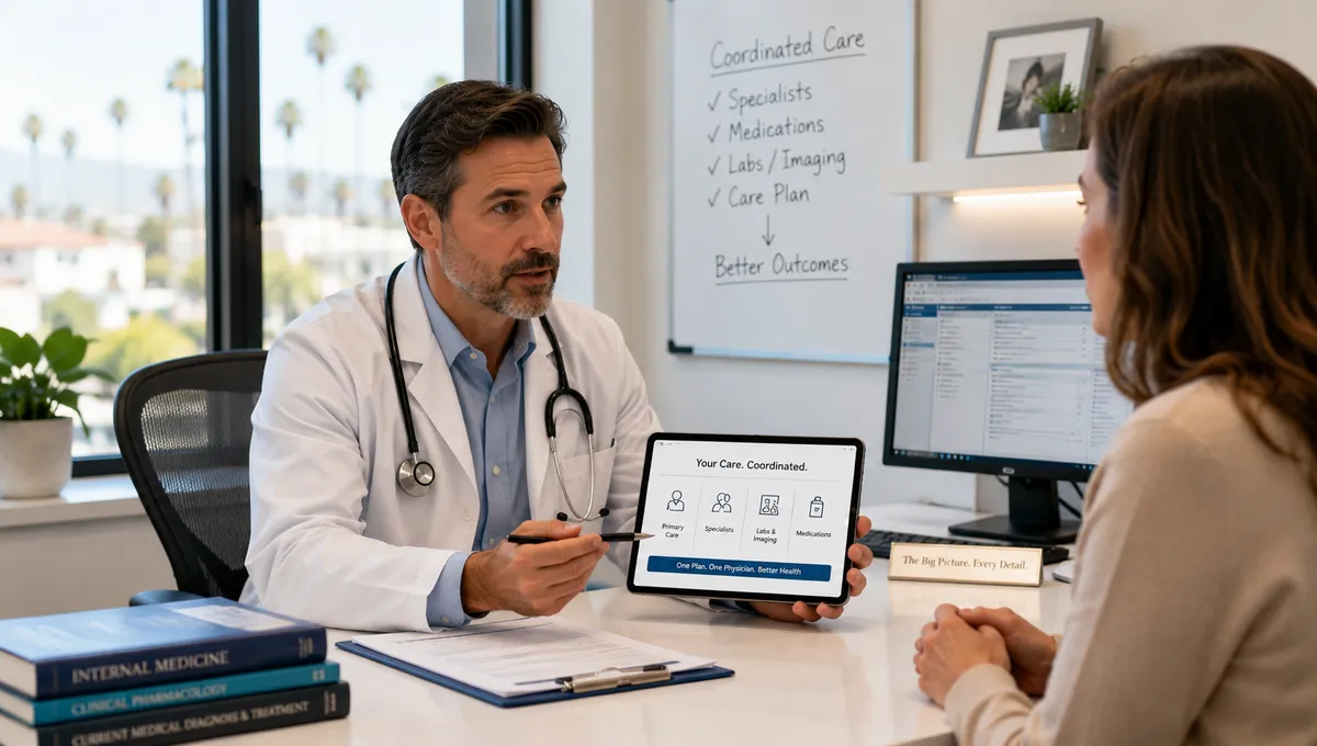 Primary care physician reviewing a patient's overall care plan and coordinating information from multiple medical specialists.