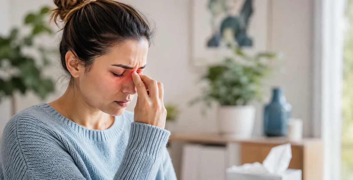 Woman experiencing sinus pressure and discomfort from recurring sinus symptoms at home.