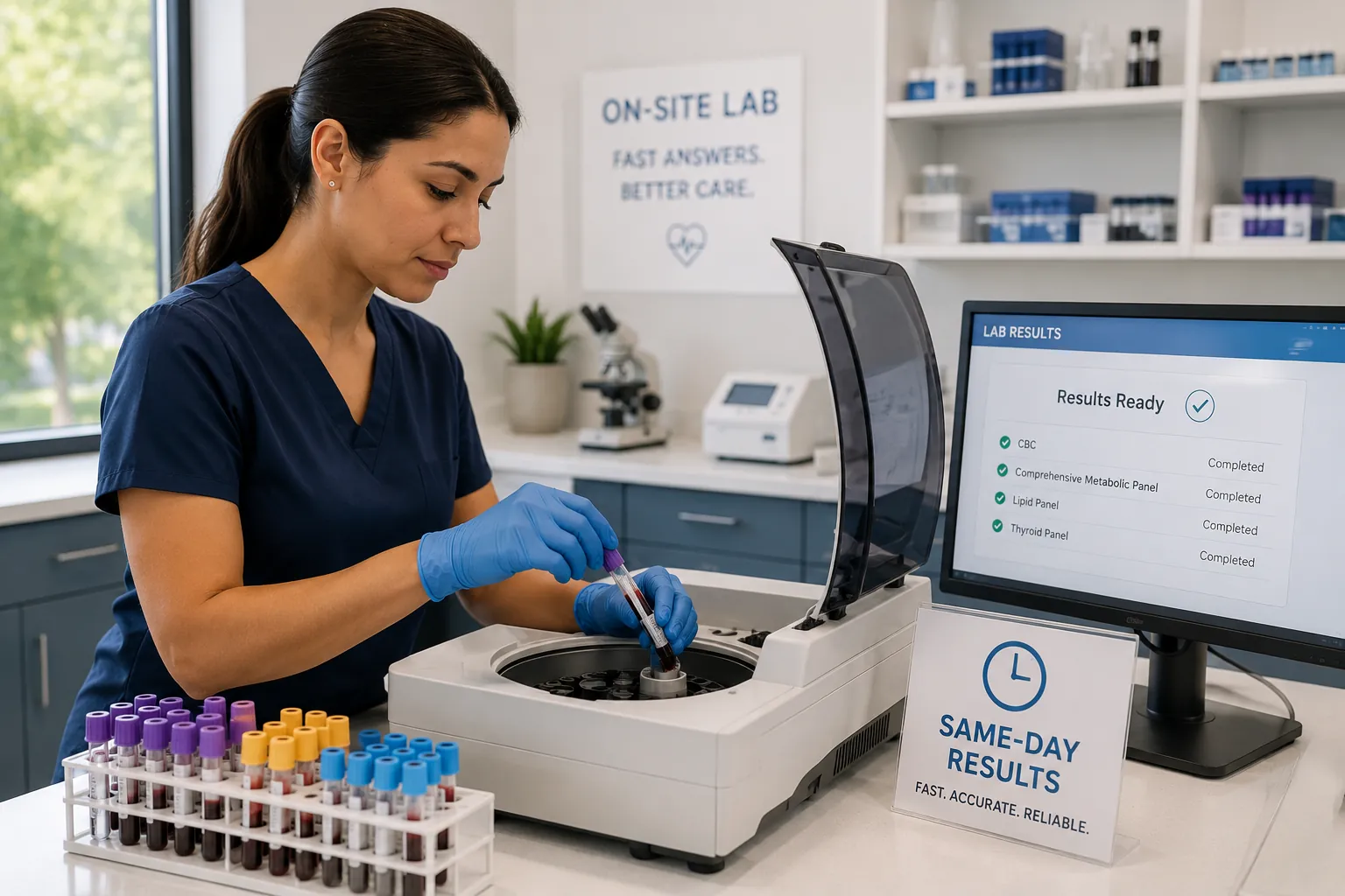 On-site laboratory technician processing blood sample for same-day results