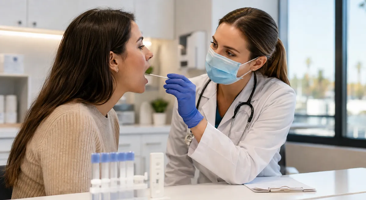 Rapid strep, flu, and COVID testing supplies in a modern medical clinic exam room.