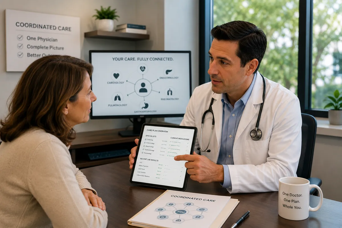 Doctor reviewing a coordinated care plan with a patient, including specialist information, medications, and lab results.