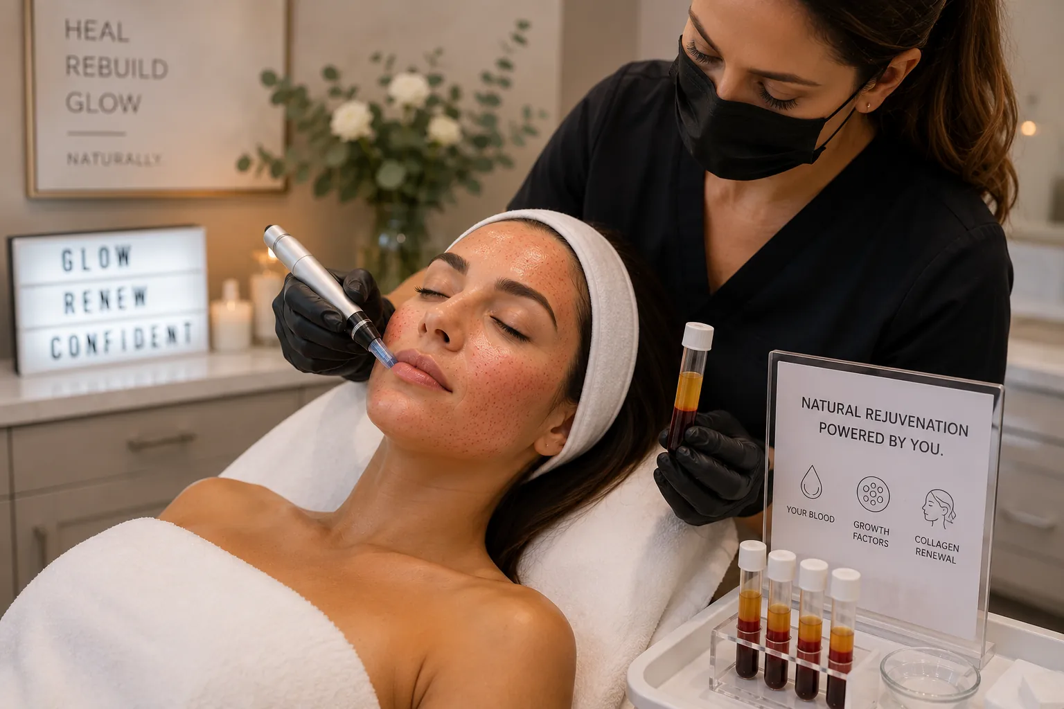 Licensed aesthetician performing a PRF vampire facial with microneedling on a relaxed patient.