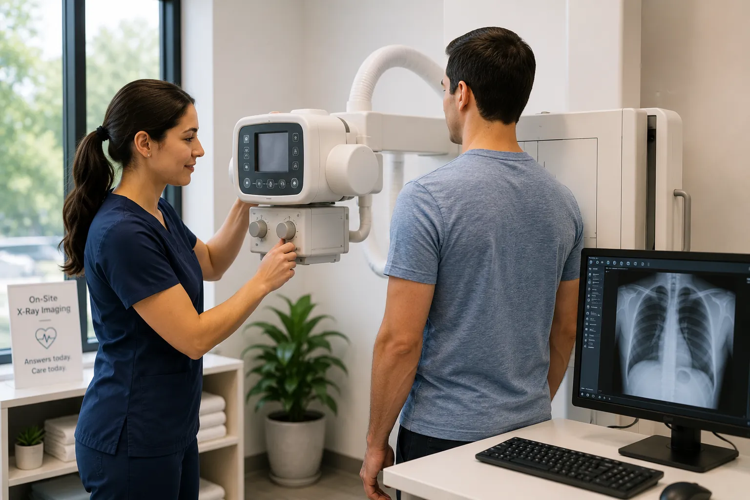 a patient receiving a digital chest X-ray in a bright, modern imaging room, emphasizing fast, on-site diagnostic care in a clean clinical environment.